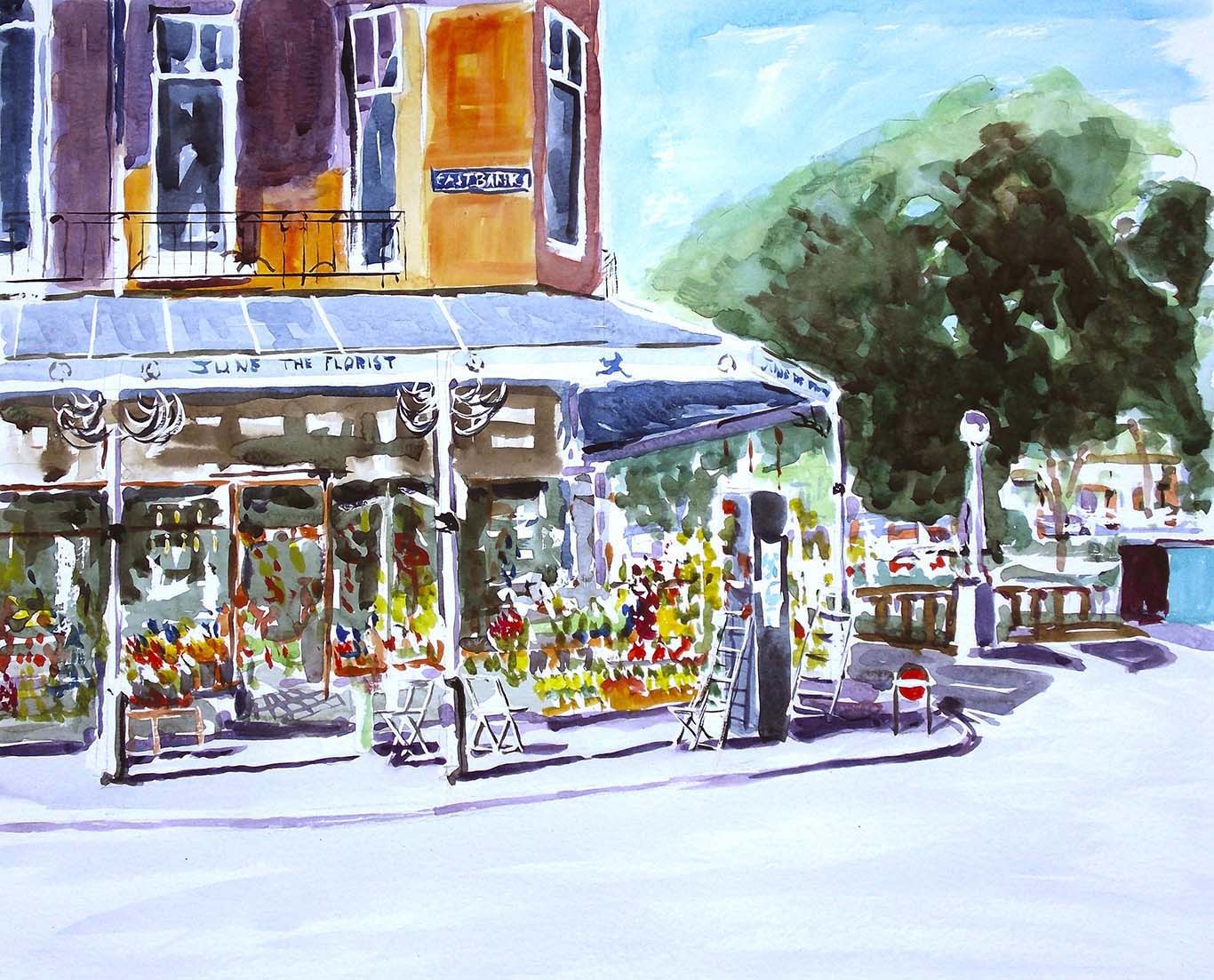 watercolour by artist roy munday, of june the florist, eastbank st. southport, merseyside