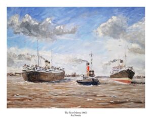 The river Merseyside, ships entering & leaving river Mersey, 1960's, prints, paintings of Liverpool, waterfront,