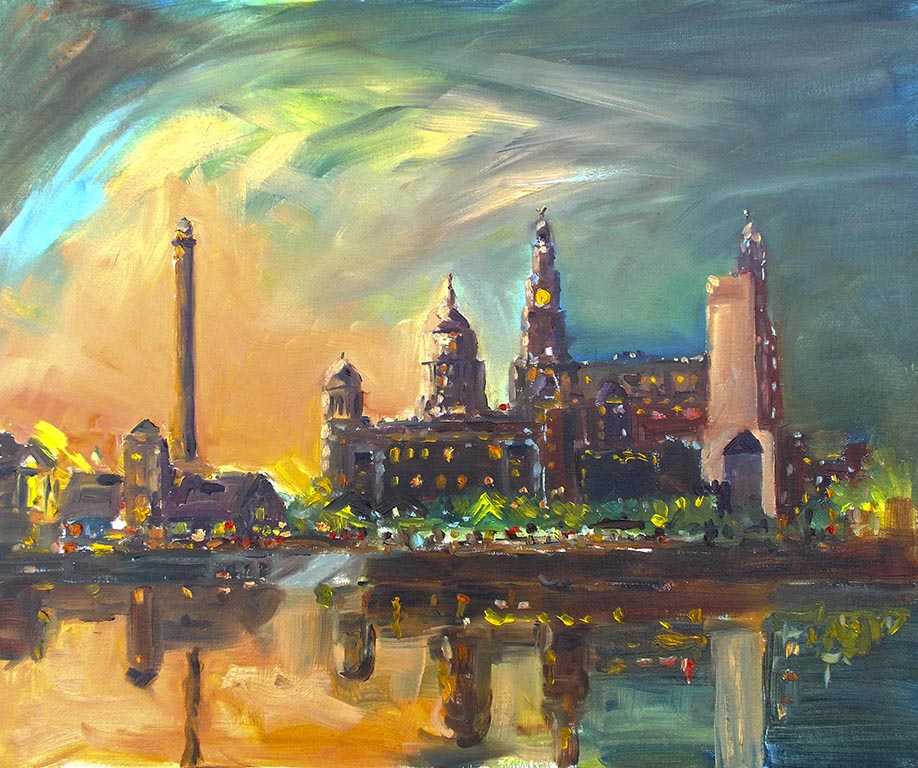paintings and prints of liverpool, liver buildings at sunset