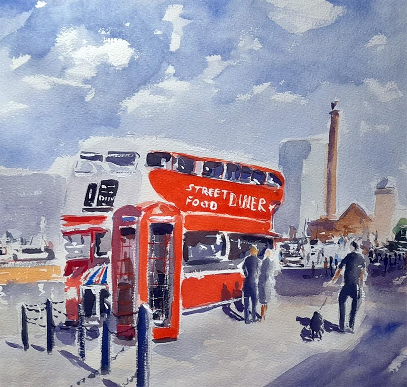the diner bus, albert dock, Liverpool, painting, watercolour of, salt house dock, buy a gift, paintings for sale,